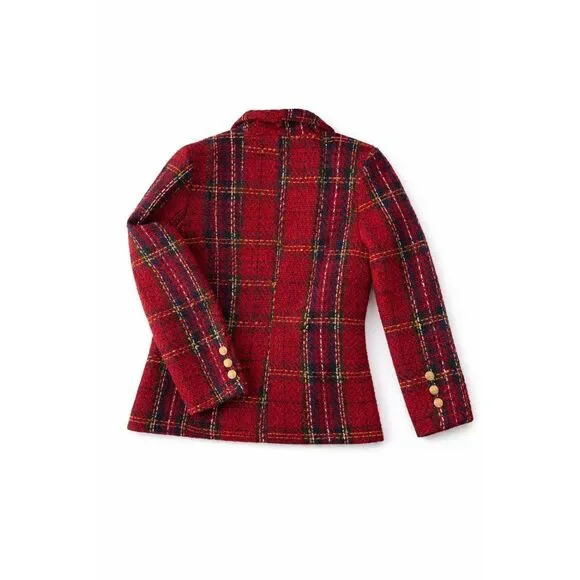 Red Tweed Style Open Front Jacket-Gold Button Detail Bouclé Knit Blazer |Medium - Picture 2 of 12
